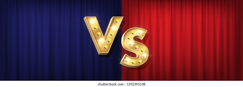 Versus screen design. Vector golden VS letters with shiny bulbs on red and blue curtain backgrounds
