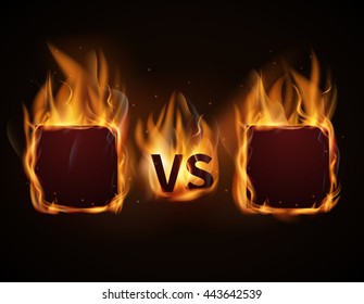 Versus Screen With Fire Frames And Vs Letters. Flaming VS Screen For Duel And Confrontation. Vector Illustration