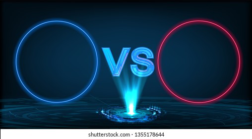 Versus screen with neon circle frames and vs letters. Competition vs match game, martial battle vs sport. Futuristic versus illustration. Hologram and 3d color letters vs. Vector illustration