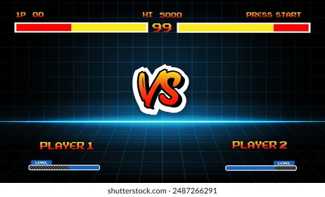 Versus Screen retro game on neon grid background.80s retro game.	