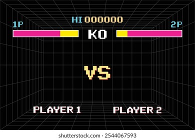 Versus Screen retro game on glitch background of analog tv.