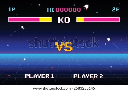 Versus Screen retro game on glitch background of analog tv.