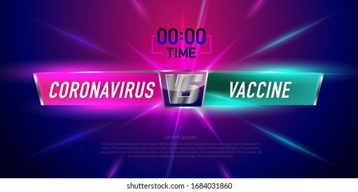 Versus screen. Vs battle headline, conflict duel between Coronavirus and vaccine. Confrontational struggle, competition 