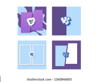 Versus screens set. Vs symbol with dividers. Confrontation backgrounds collection with space for text. Banner templates for battle, match, challenge, sport, duel, competition. Vector illustration.