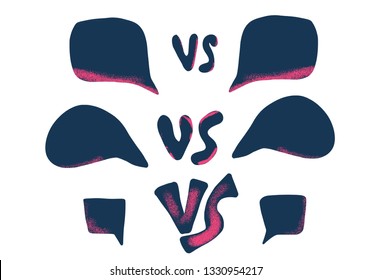 Versus screens. Vs symbol with speech bubbles. Confrontation background with space for text. Banner template for battle, match, challenge, sport, duel, competition, choice. Vector color illustration.