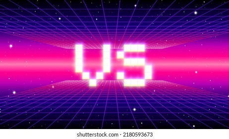 Versus sign with arcade game style with pixel letters over synthwave landscape. 80s styled VS emblem for competition poster.