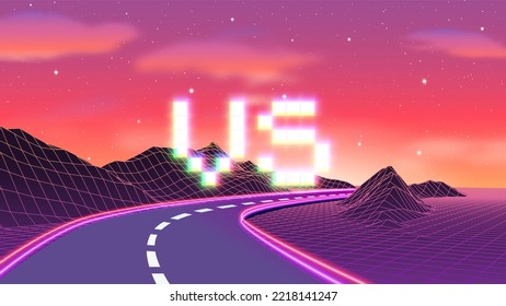 Versus sign with arcade game style with pixel letters over synthwave landscape. 80s styled VS emblem for competition poster.