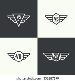 Versus sign. Badge with wings. 