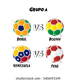 Versus Soccer Ball between the countries of Brazil, Bolivia, Venezuela and Peru with the colors of their flags. Championship Conmeball Copa America 2019 in Brazil. 