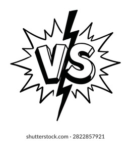 Versus symbol in comic book style with lightning bolt and explosion. Black and white design for competition, battle, fight, challenge, and sports matchups.