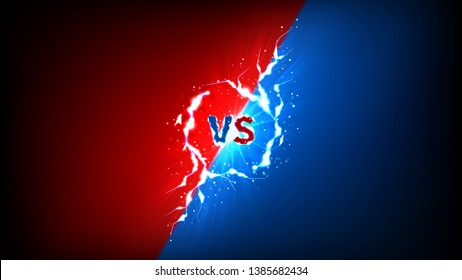 Versus symbol with lightning effect. Vector illustration with bright thunderstorms and shining lightnings. VS label on dark blue and red background.