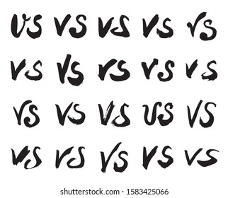 Versus Symbols. Collection of 20 Black Hand Painted VS Signs Isolated On a White Background. Vector Illustration