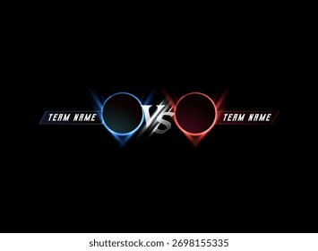 Anuncio de interfaz de usuario con marcos circulares rojos y azules brillantes, tipografía VS y fondo oscuro para la interfaz de juegos o torneos.