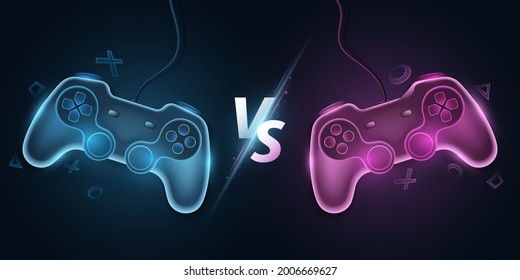 Versus template with modern gamepads. VS screen for sport video games, match, tournament, e-sports competitions. Joystick for console. Game concept design. Vector illustration. EPS 10