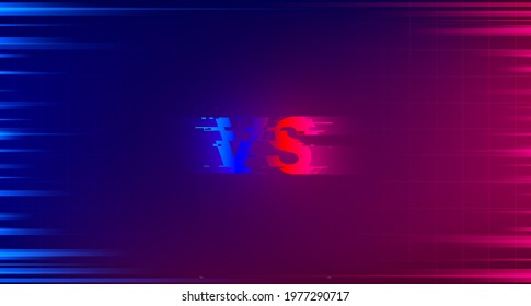 Versus tournament screen design. Glitched VS monogram on blue red background with laser grid. Template for esports battle. Team competition, game championship. Vector illustration. 