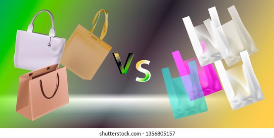 Versus Vector Illustration. Poster symbols of confrontation VS. 
Vector drawing of reusable bags and plastic bags.