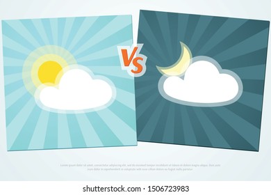 Versus VS Background Day vs night on a blue background of lines rays Creative template icon sun and moon with clouds battle day versus night Cartoon theme cute flat design of fight game contest Vector