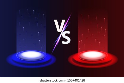 Versus vs background. Realistic radiant magic portals red vs blue with light effects on black background. Battle or competition concept template. Versus glowing pedestal with glowing flares