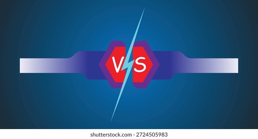Banner de comparação Versus VS com efeito de divisão do raio. Design plano moderno para competição, batalha, confronto, jogo UI, desafio ou conceito infográfico, em fundo azul escuro.