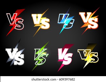 Versus or vs confrontation labels. Slag battle vector icons in 80s light eclair style