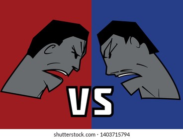 Versus VS design.an argument,a conflict between two angry men.Confrontation between two personalities.Red and blue background.Vector image