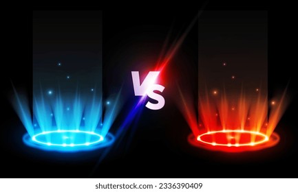 Versus or VS glowing podiums on transparent background, vector sport or game battle fighters. Light effect podium. Disco club dance floor. Beam stage. Magic fantasy portal. 