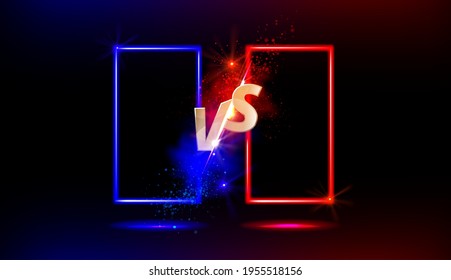 Versus VS gold sign with blue and red empty frames or borders and glow sparks on black background. Sport confrontation, martial arts combat, fight competition or challenge, Realistic 3d vector concept