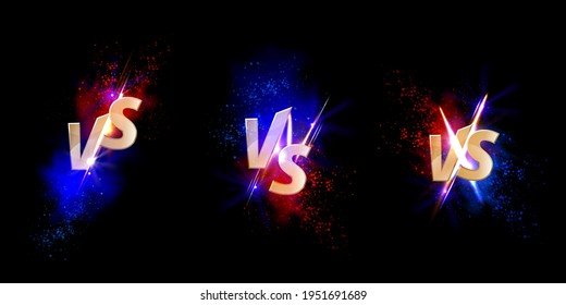 Versus VS gold signs with glow and sparks separated on blue and red sides. Sport confrontation symbols on black background. Martial arts combat, fight, competition challenge, Realistic 3d vector set