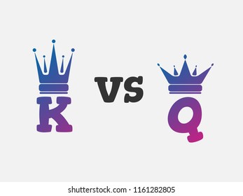 Versus VS letters for battle fight king and queen. Vector illustration of color gradient flat  monarch icon with  crown silhouette.