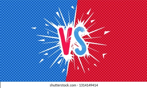 Versus VS letters fight backgrounds in flat comics style. Versus letters or VS hand written lettering logo, emblem. Blue and red color. Competition VS match game, martial battle VS sport.