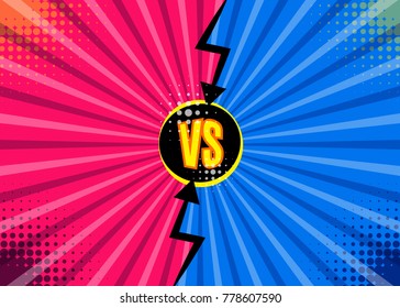 Versus VS letters fight backgrounds in flat comics style design with halftone, lightning, round circle frames. Vector illustration