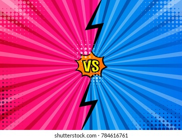 Versus VS letters fight backgrounds in flat comics style design with halftone, lightning, round circle frames. Vector illustration