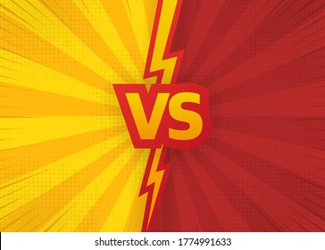 Versus VS letters fight pop backgrounds in comics style design with red and yellow colors, lightning. Vector illustration.