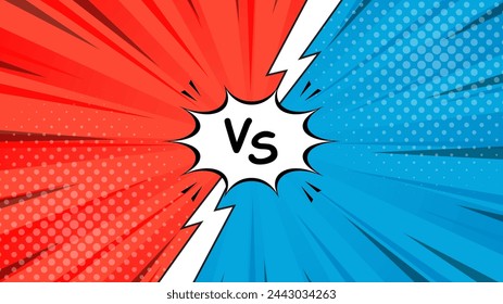 Versus VS pop art comic sunburst effect background with halftone. Blue and red cartoon background. Suitable for templates, banners, events, ads, battles, contests, web, and pages