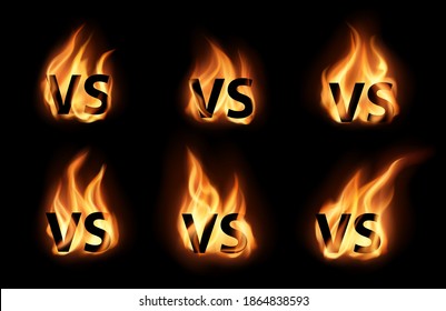 Versus or VS with realistic fire flames vector icons set. VS symbols of sport game battles, boxing fights, team challenges and championship matches on black background with glowing lights of blaze