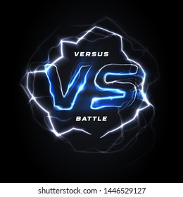 Versus VS round blue logo. Battle headline template. Sparkling lightning design. Isolated vector illustration on black background.