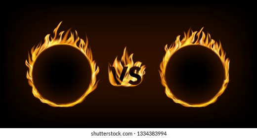 Versus vs - round burning frames on a black background. Vector illustration. Design for confrontations, matches