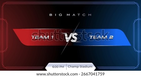 Versus VS scoreboard letters fight dark red and blue contestant in realistic style design with tech line concept. Dark gradient background with black red and blue color. Vector illustration.