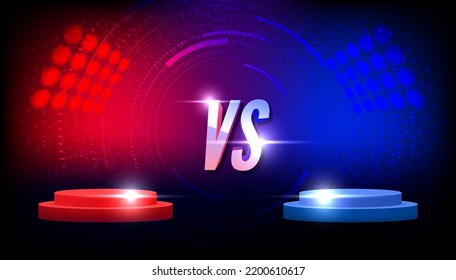 Versus VS signo con pódiums o peatones vacíos azules y rojos, resplandece las chispas y fuma sobre fondo negro. Enfrentamiento deportivo, combate de artes marciales, lucha contra la competencia o vector de desafío.