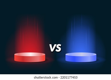 Versus VS sign with blue and red empty podiums or pedestals, glow sparks and smoke on black background. Sport confrontation, martial arts combat, fight competition or challenge vector.