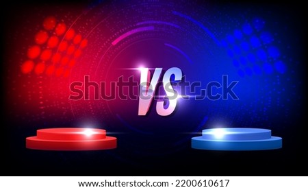 Versus VS sign with blue and red empty podiums or pedestals, glow sparks and smoke on black background. Sport confrontation, martial arts combat, fight competition or challenge vector.