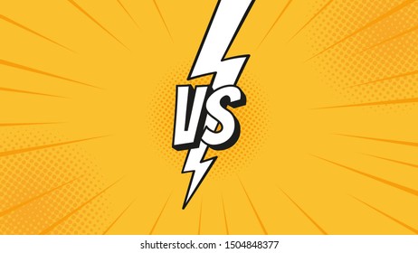 Versus VS sign with lightning bolt isolated on fight backgrounds in flat comics style design with halftone, lightning for battle, sport, competition, contest, match game. Vector illustration.