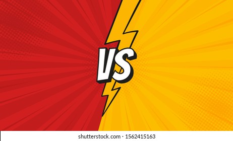 Versus VS sign with lightning bolt isolated on fight backgrounds in flat comics style design with halftone, lightning for battle, sport, competition, contest, match game. Vector illustration.