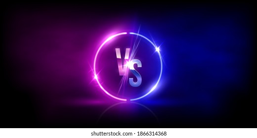 Versus VS sign in neon circle frame in fog background. Laser glowing pink and blue lines with soft light effect. Vector illustration of realistic mockup, template for game design, retrowave style