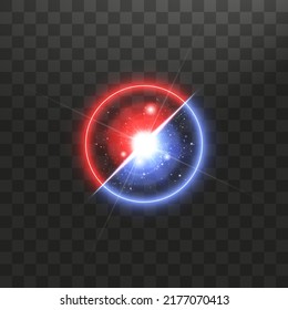 Versus VS Zeichen in Neonkreisrahmen auf transparentem Hintergrund. Laser glühende, hellrote und hellblaue Linien mit sanftem Lichteffekt. Vektorgrafik eines realistischen Mocks, Vorlage für Spieldesign