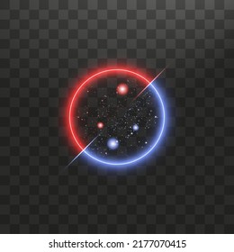 Versus VS sign in neon circle frame in transparent background. Laser glowing Bright red and Bright blue lines with soft light effect. Vector illustration of realistic mockup, template for game design