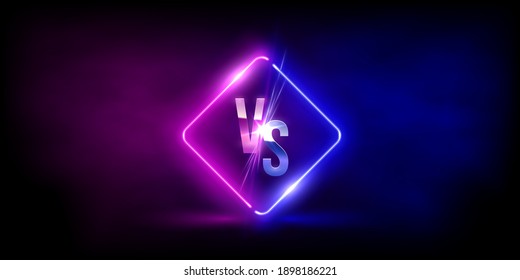 Versus VS sign in neon rhombus frame in fog background. Laser glowing pink and blue lines with soft light effect. Vector illustration of realistic mockup, template for game design, retrowave style