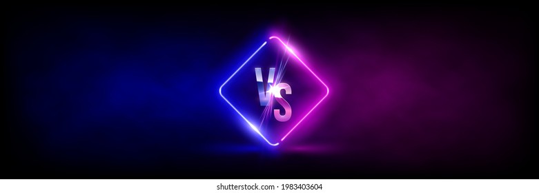 Versus VS sign in neon rhombus frame in fog background. Laser glowing pink and blue lines with soft light effect. Vector illustration of realistic mockup, template for game design, retrowave style