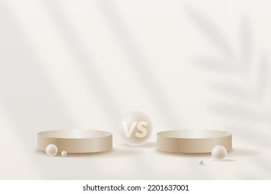 Versus VS sign with pearl empty podiums or pedestals, leaf shadows on background. Product, cosmetics, confrontation, martial arts combat, fight competition or challenge vector.