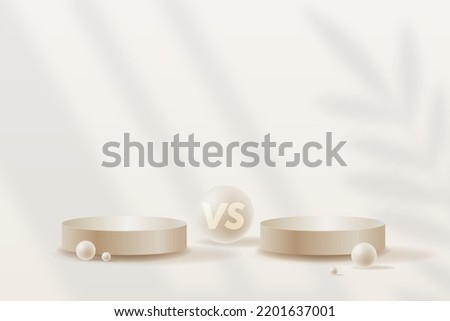 Versus VS sign with pearl empty podiums or pedestals, leaf shadows on background. Product, cosmetics, confrontation, martial arts combat, fight competition or challenge vector.